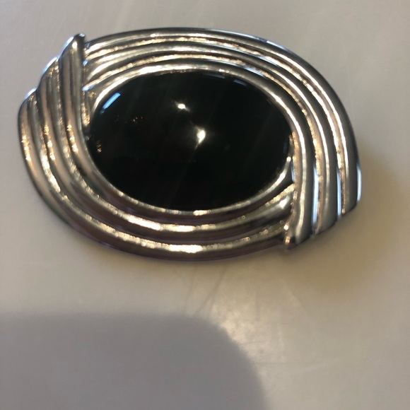 Napier Jewelry - Vintage Napier Brooch faux black cabochon lucite oval silver signed deco